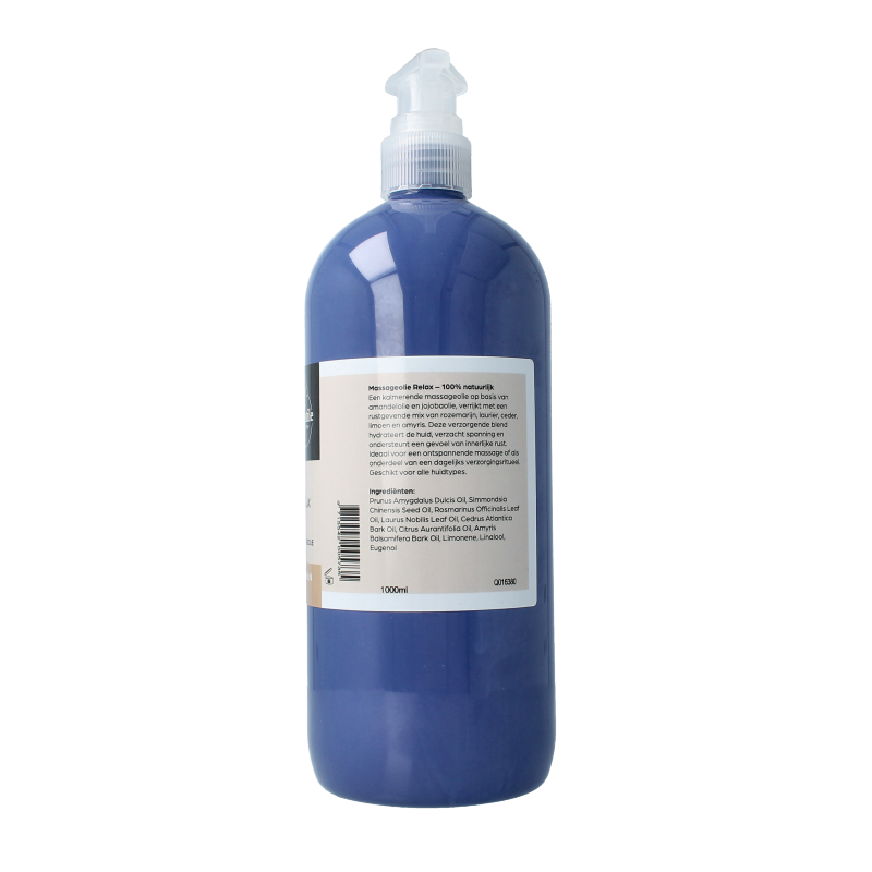 Volatile relax massage oil in a 1-liter bottle, featuring clear liquid with a natural aroma, used for body care and relaxation.
