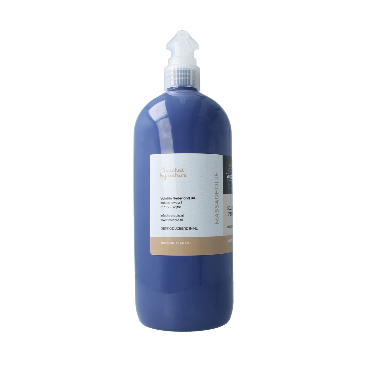 Volatile Massageolie belaste spieren in een 1-liter fles, geschikt voor lichaamsverzorging en spierontspanning.