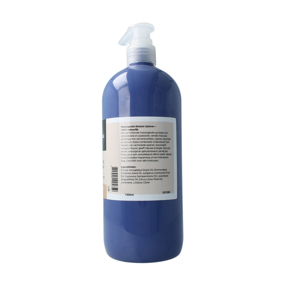 Volatile Massageolie belaste spieren in 1 liter bottle, body care product for muscle relief and relaxation.