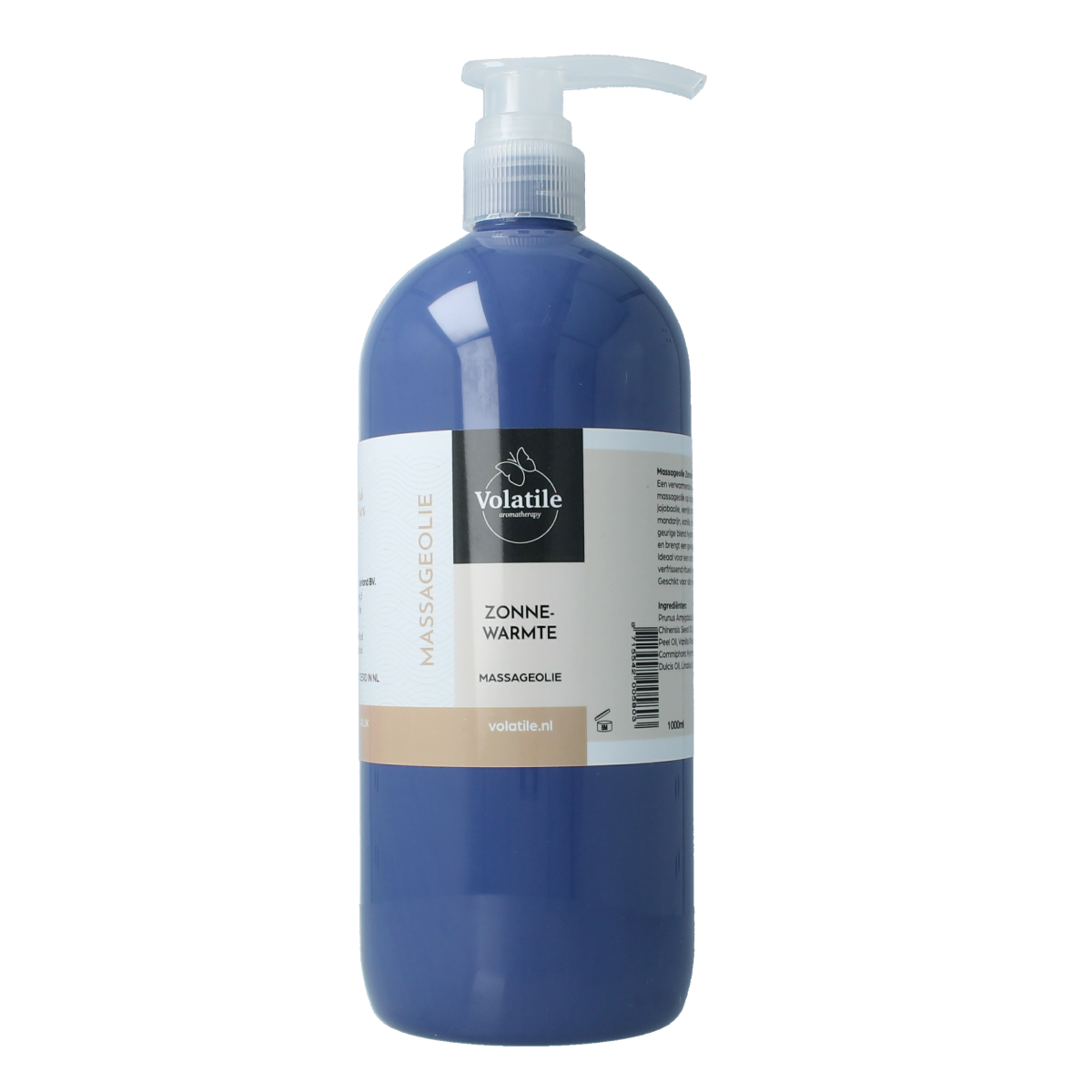 Volatile massage oil with sun warmth, 1 liter bottle, natural body care product, featuring a clear bottle and label.