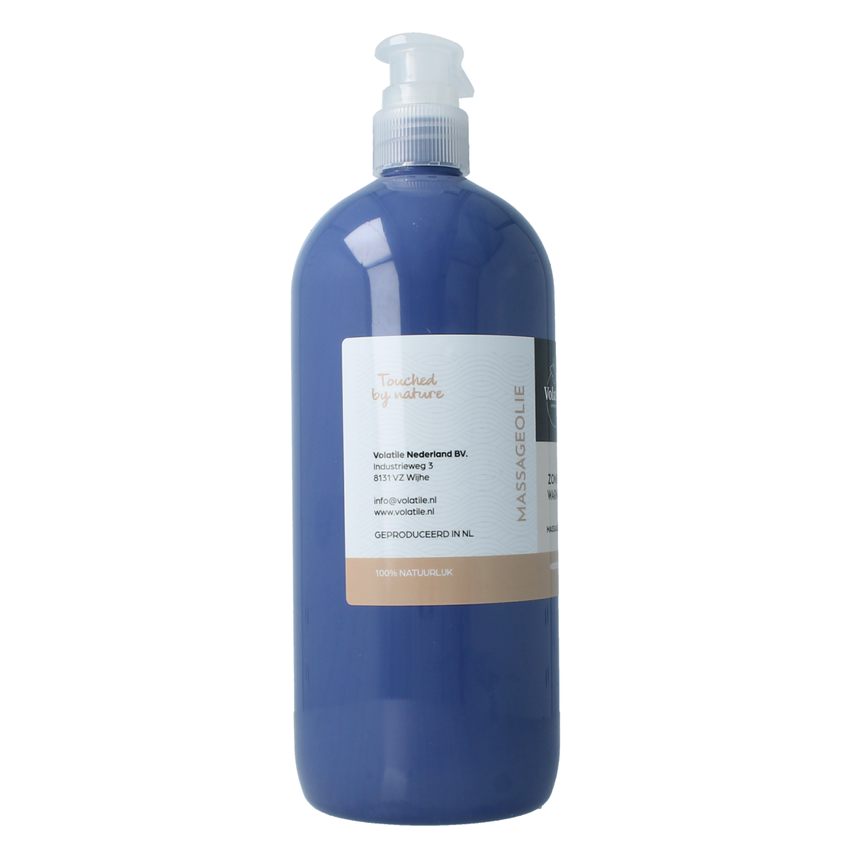 Volatile massage oil with zonnewarmte scent in a 1-liter bottle, ideal for body care and relaxation.