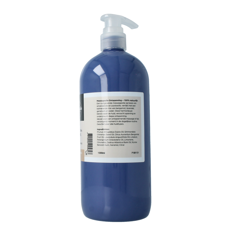 Volatile ontspanning massageolie met lavendel en geranium, 1 liter, voor lichaamsverzorging, in een glazen fles.
