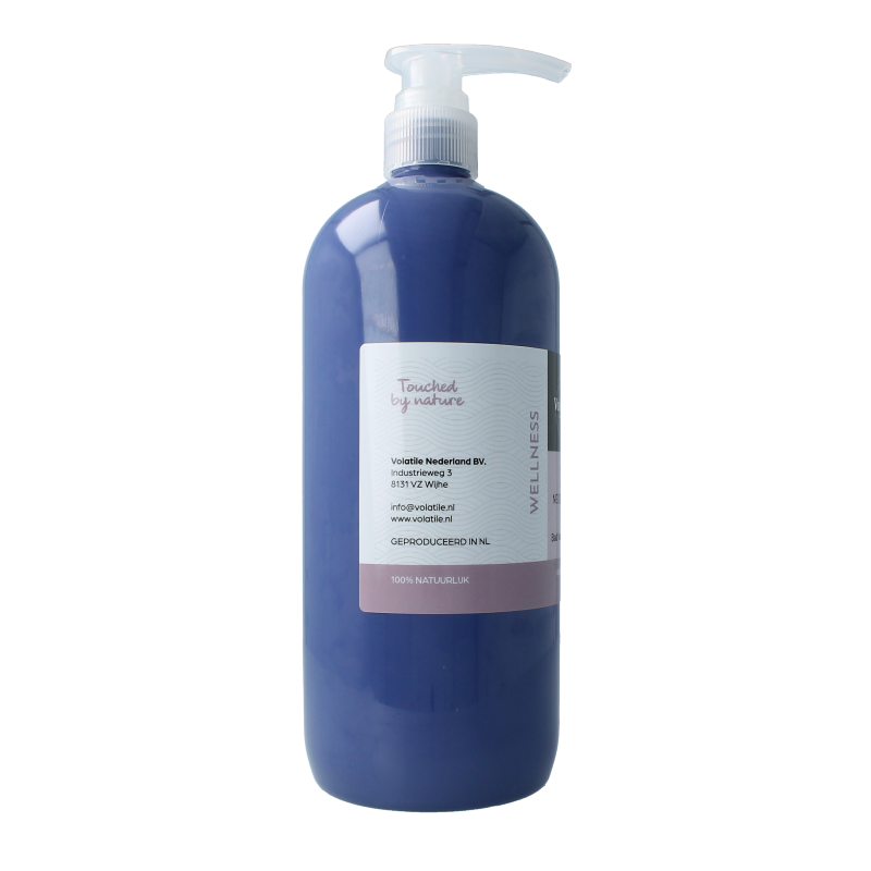 Volatile neutraal badolie 1 liter bottle, natural bath and shower oil, clear container with label and cap.