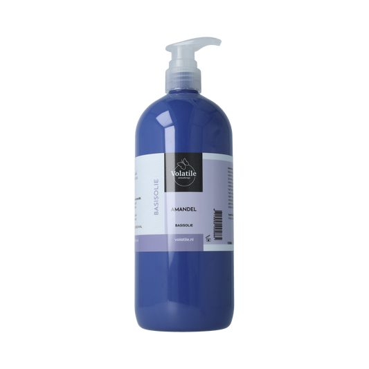 Volatile Amandel basisolie 1 liter, natural almond carrier oil for body care, clear bottle with golden liquid visible.