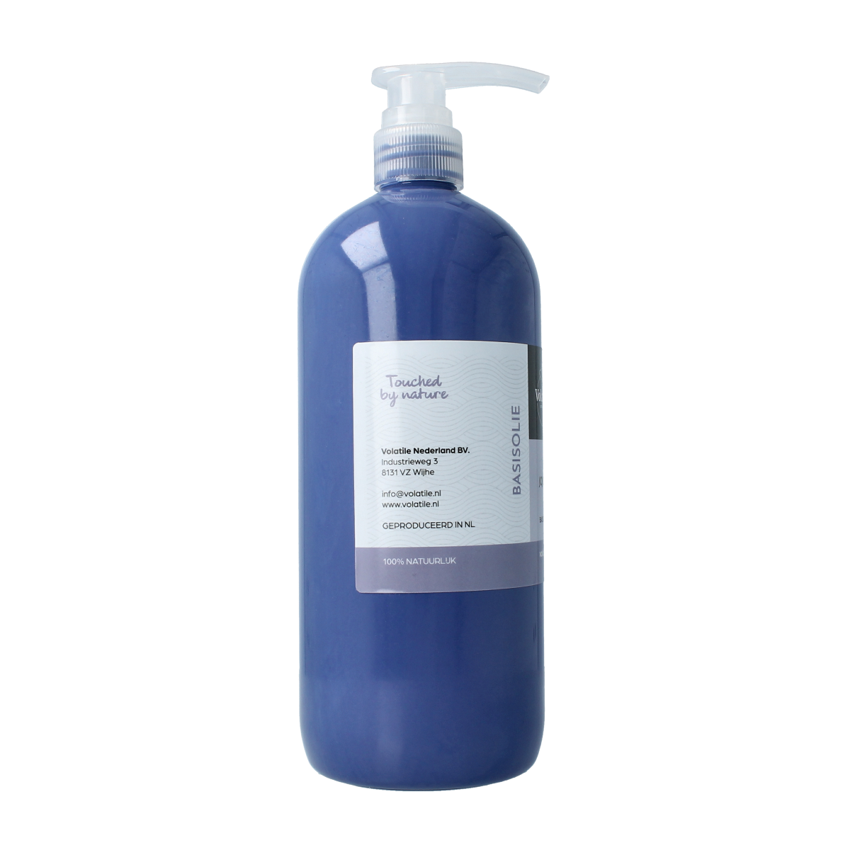 Volatile Jojoba basisolie in 1-liter bottle, natural body care product with golden liquid appearance.