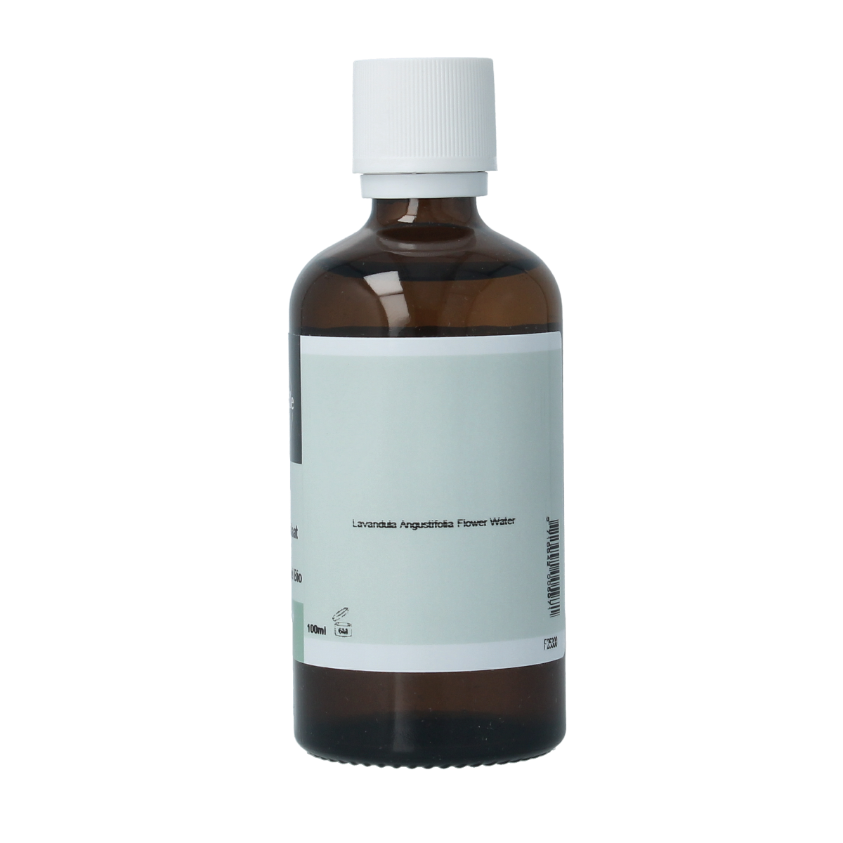 Volatile Lavendel hydrolaat in 100ml bottle, natural body care product with lavender scent, displayed in a clear container.