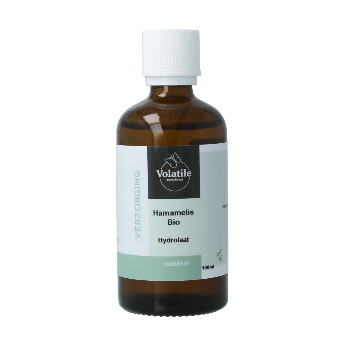 Volatile Hamamelis hydrolat, 100ml, in a clear spray bottle, natural body care product with botanical ingredients.