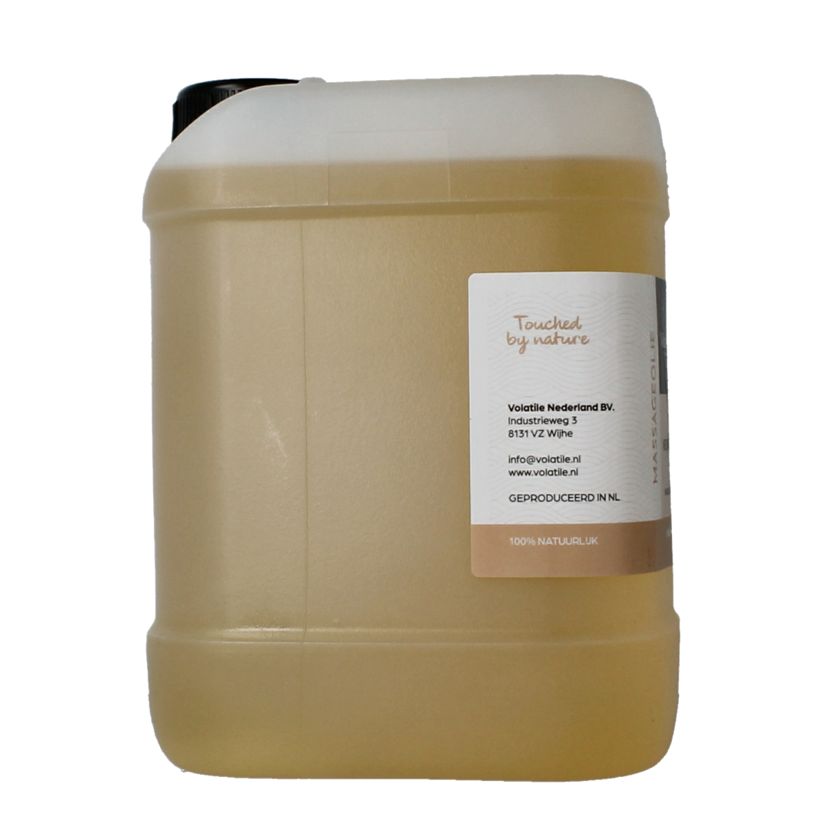 Volatile neutraal massageolie 2500ml in a clear bottle, suitable for body care and massage, with a minimalist label.