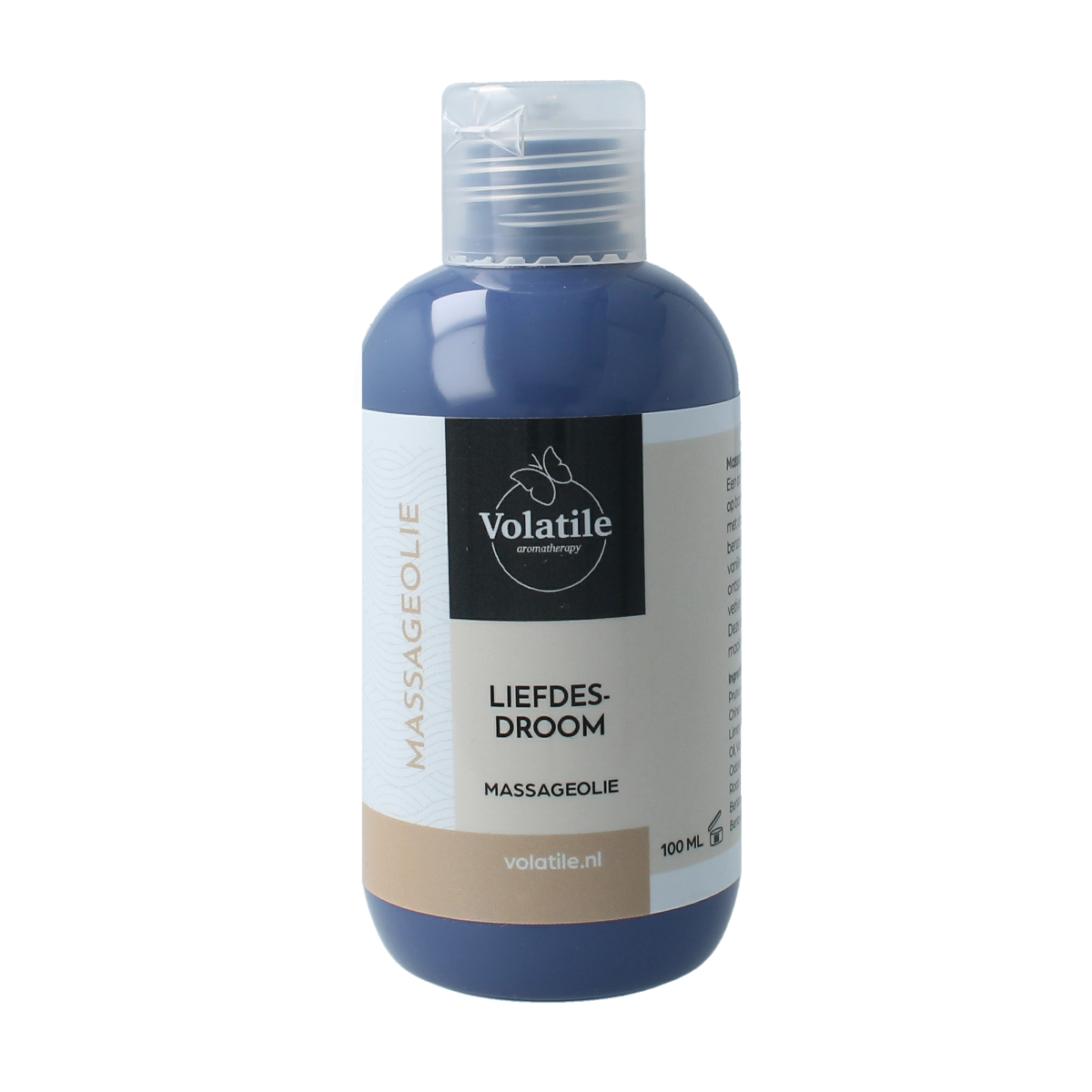 Volatile liefdesdroom massageolie in 100ml bottle, body care product with a smooth, sensual oil texture and elegant packaging.