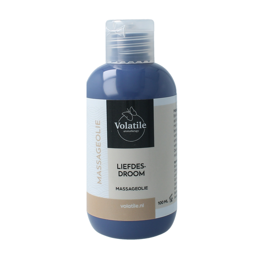 Volatile liefdesdroom massageolie in 100ml bottle, body care product with a smooth, sensual oil texture and elegant packaging.