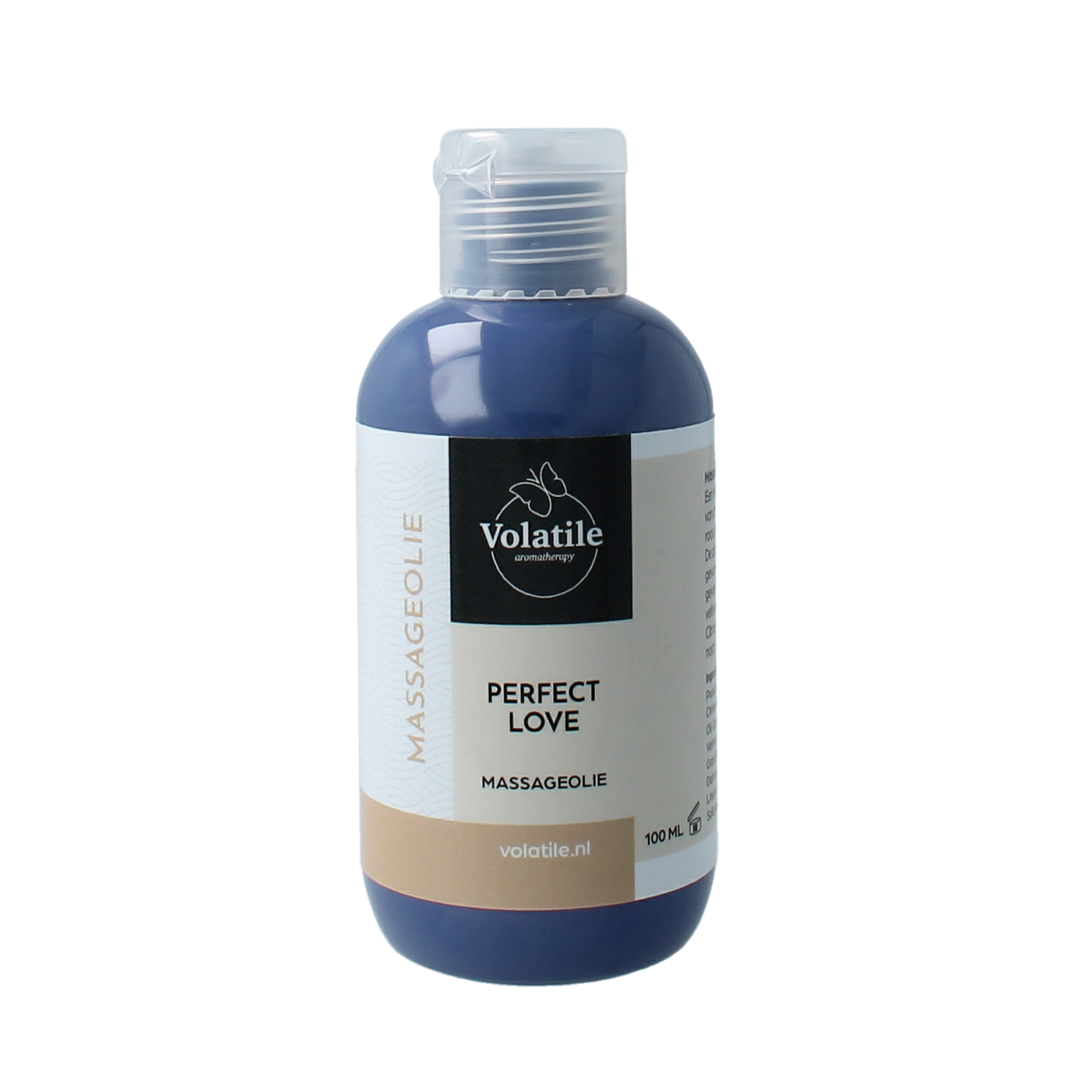 Volatile Perfect Love massage oil bottle, 100ml, with elegant packaging for body care and relaxation.