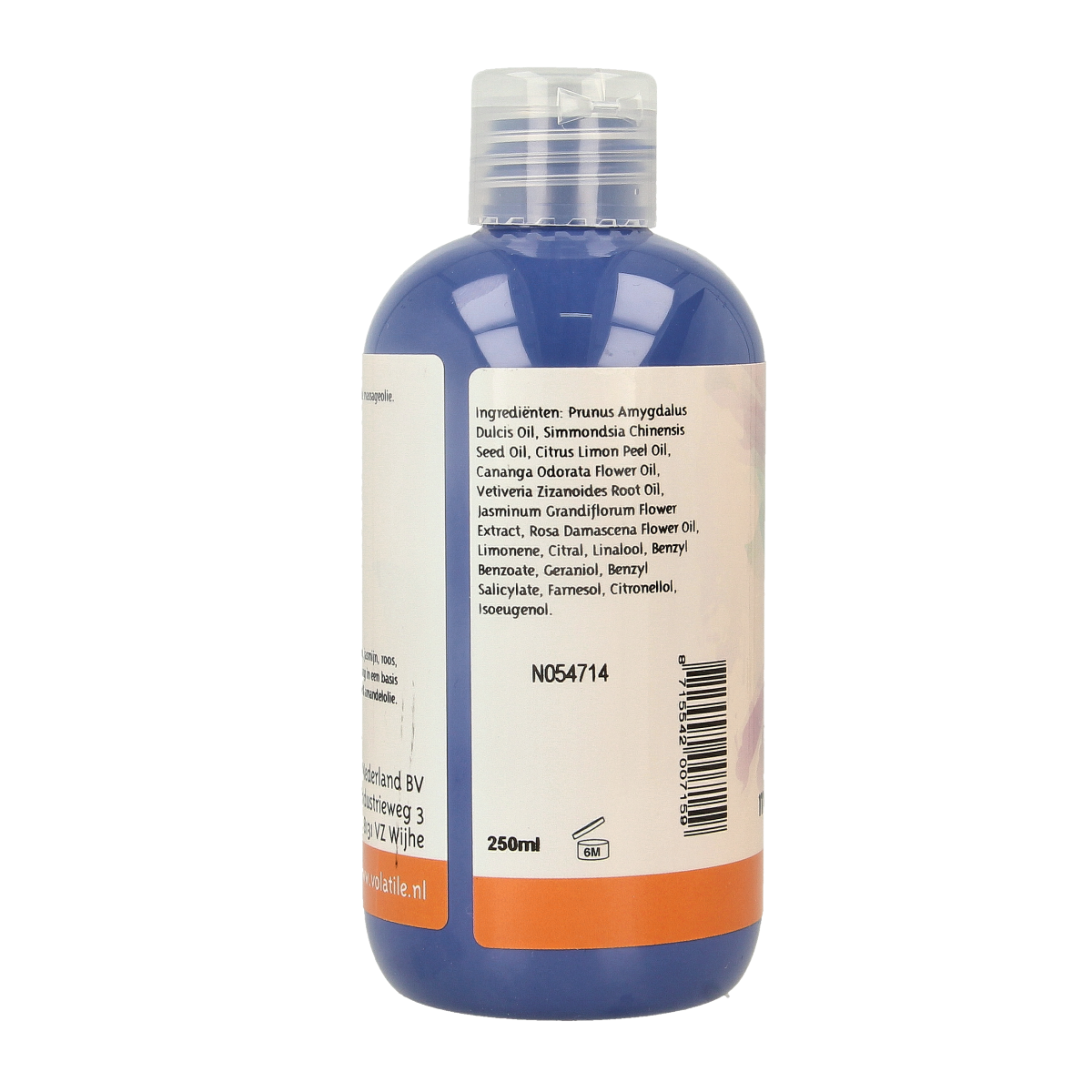 Volatile Perfect Love massage oil bottle, 250ml, natural body care product with a sleek design and transparent liquid in the image.