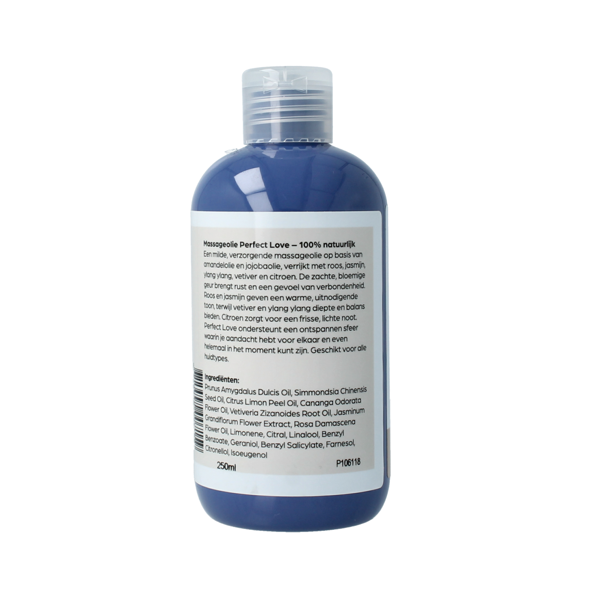 Volatile Perfect Love massage oil bottle, 250ml, natural body care product with a sleek design and label details.