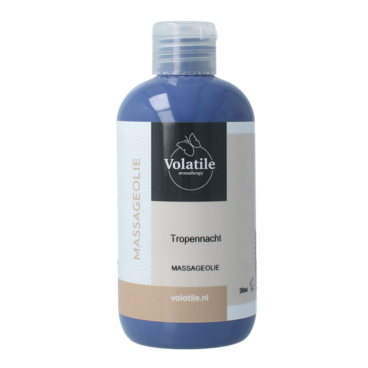 Volatile Tropennacht massage oil bottle, 250ml, for body skincare, with a dark-colored cap and label showing tropical motifs.