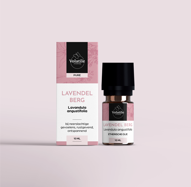 Volatile Lavendel berg essential oil bottle, 10ml of lavender aromatic oil from Volatile, with a purple label and clear glass bottle.