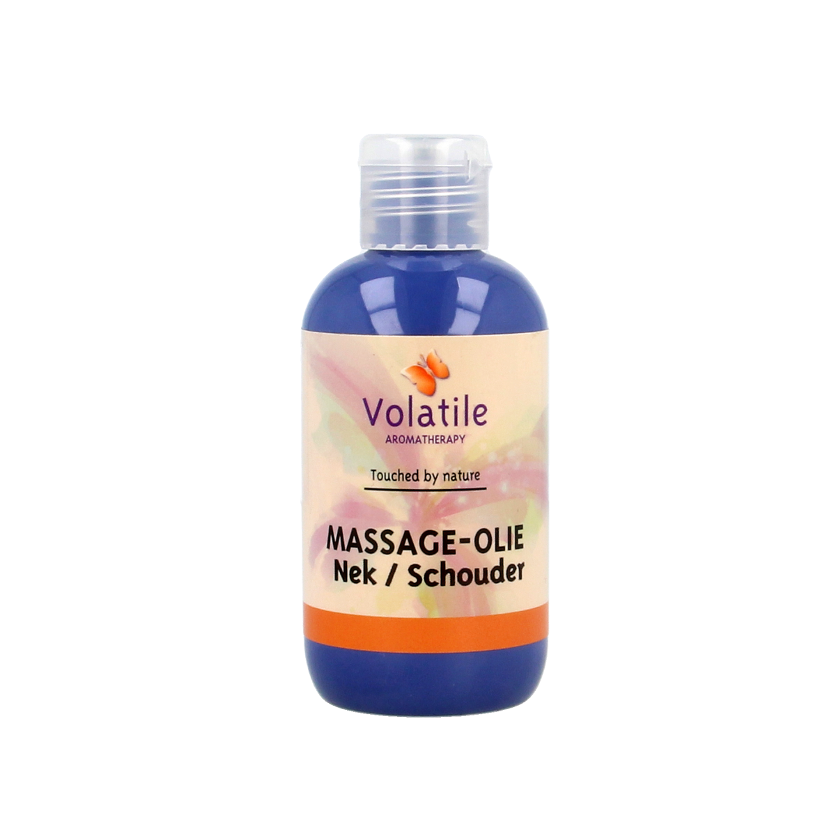 Volatile massage oil for neck and shoulders in 100ml bottle, body care product with a clear label and cap.