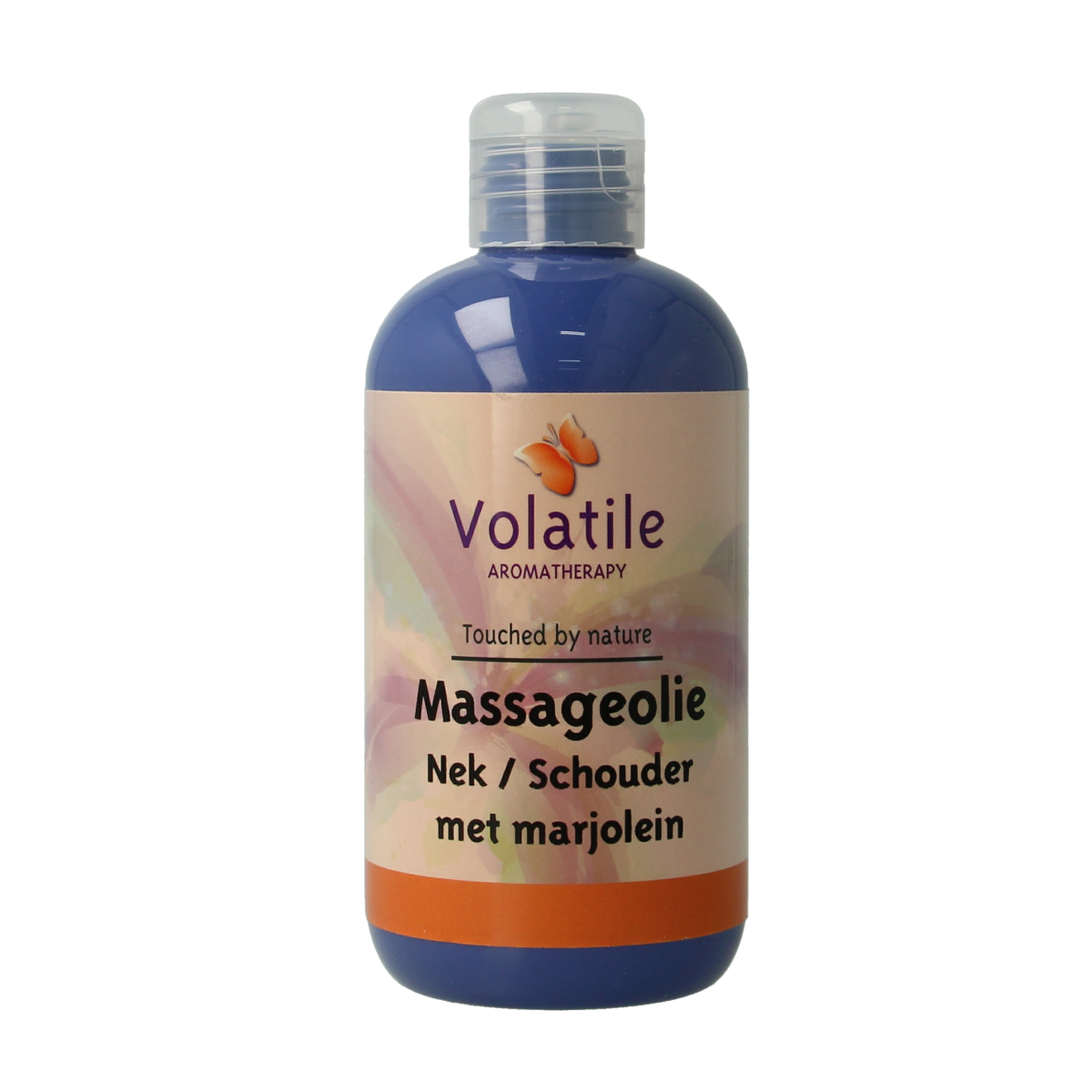Volatile massage oil for neck and shoulders with marjoram, 250ml, natural body care product in a clear bottle.