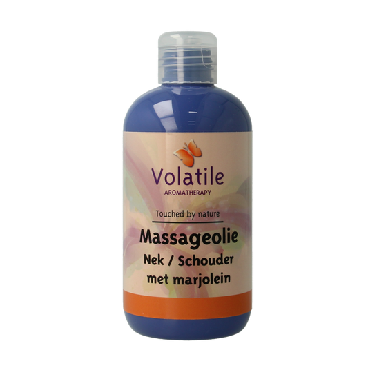 Volatile massage oil for neck and shoulders with marjoram, 250ml, natural body care product in a clear bottle.
