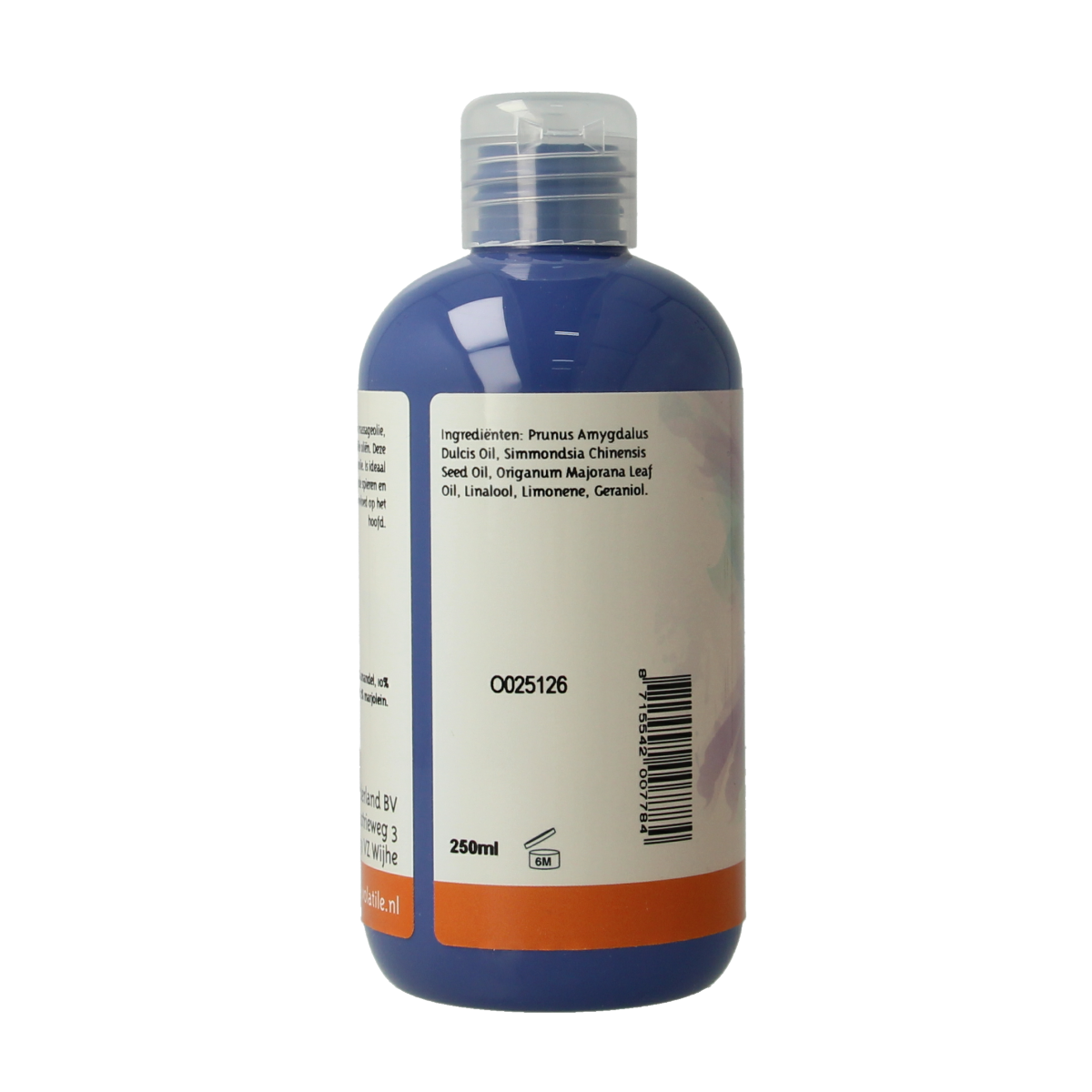 Volatile massage oil for neck and shoulders with marjoram, 250ml, in a clear bottle with a white cap, displayed on a white background.
