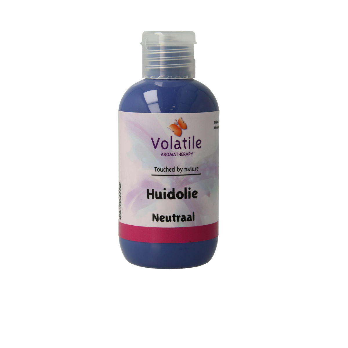 Volatile neutraal huidolie in 100ml bottle, natural body care product with clear glass container and label showing brand and product details.