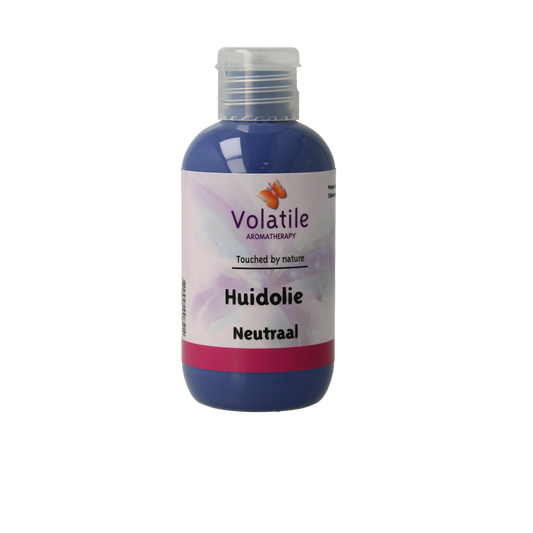 Volatile neutraal huidolie in 100ml bottle, natural body care product with clear glass container and label showing brand and product details.
