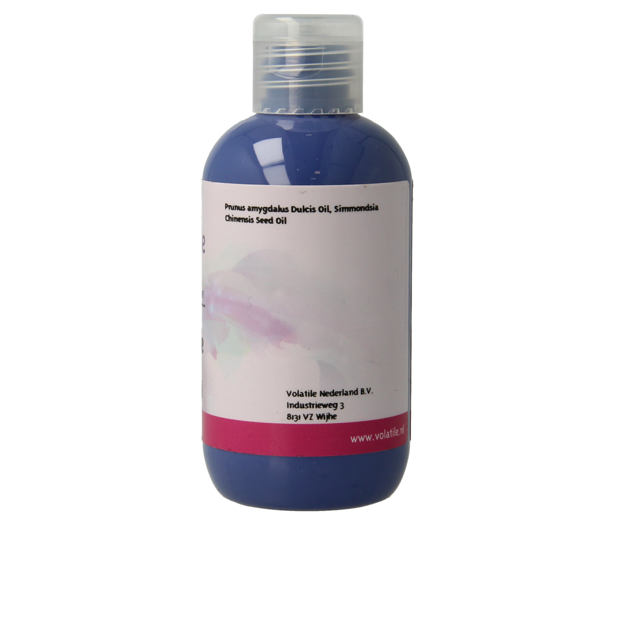 Volatile neutraal huidolie in 100ml bottle, natural body care product with a clear label and pump dispenser.