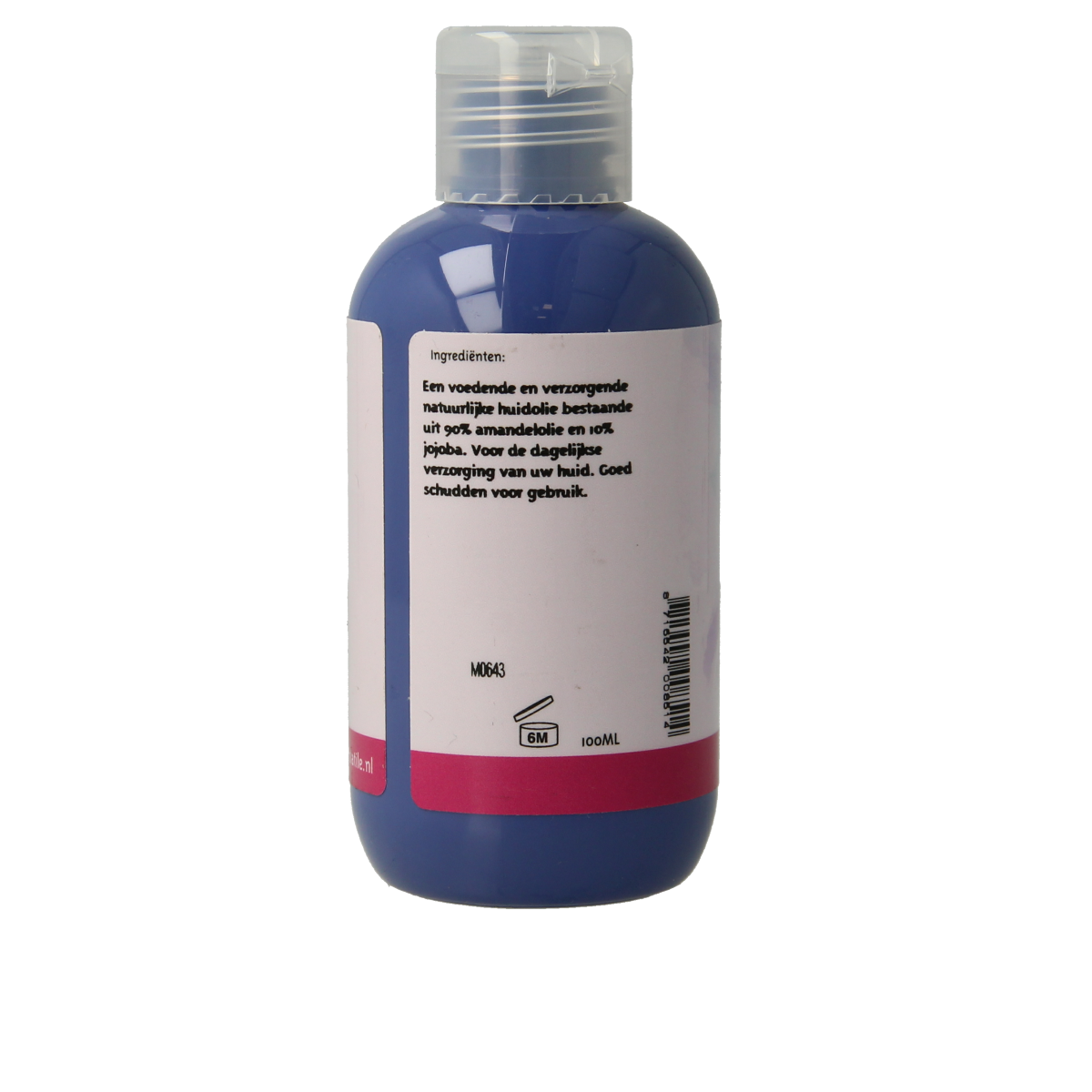 Volatile neutraal huidolie in 100ml bottle, natural body care product with clear packaging and white label.