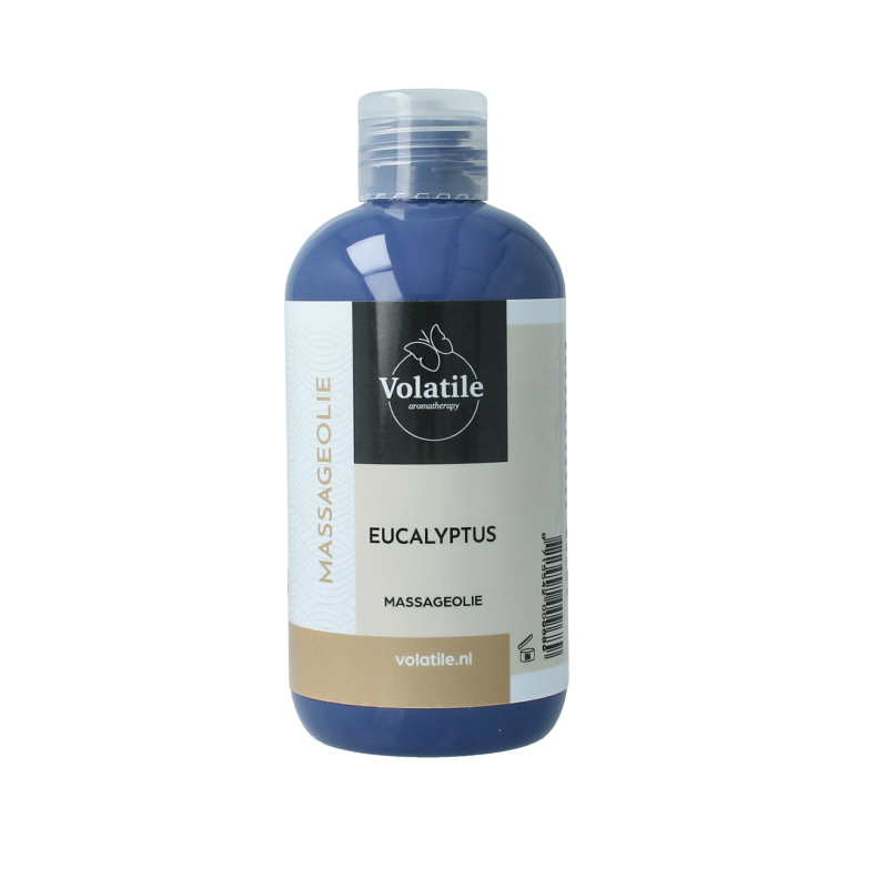 Volatile eucalyptus massage oil bottle, 250ml, for body care, with a clear label and cap, on a neutral background.