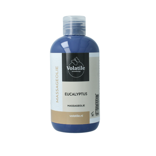 Volatile eucalyptus massage oil bottle, 250ml, for body care, with a clear label and cap, on a neutral background.