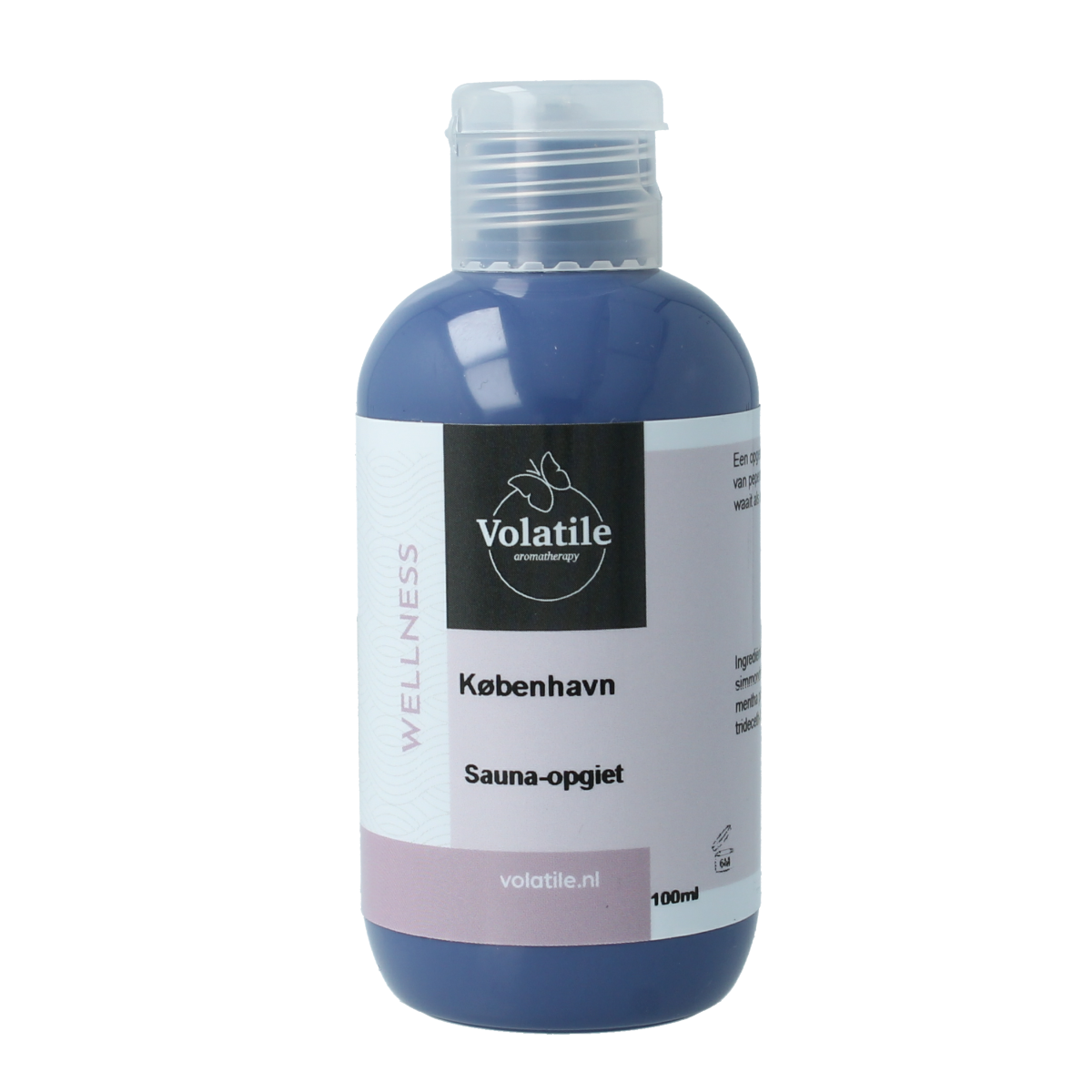 Volatile Kobenhavn sauna etherische oliën opgietconcentraat, 100 ml in een glazen fles met etiket.