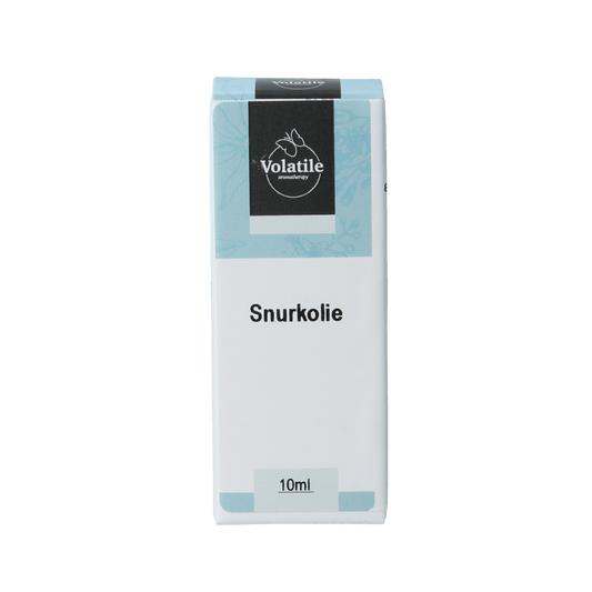 Volatile Snurkolie 10ml, aromatic essential oil bottle, with clear label and silver cap, designed for aromatherapy use.