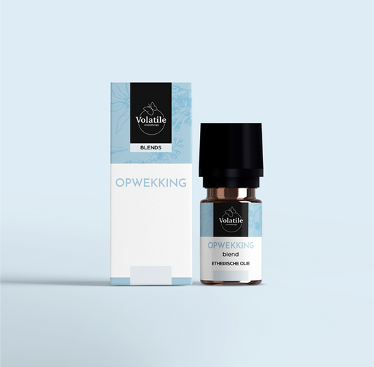 Volatile brand essential oil bottle labeled "Volatile Opwekking" with 5ml capacity, amber glass container for aromatherapy use