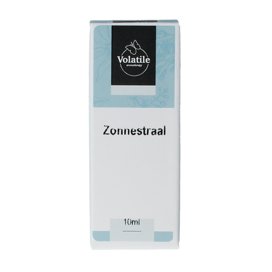 Volatile Zonnestraal 10ml essential oil bottle, amber glass container with white cap, label displaying product details.