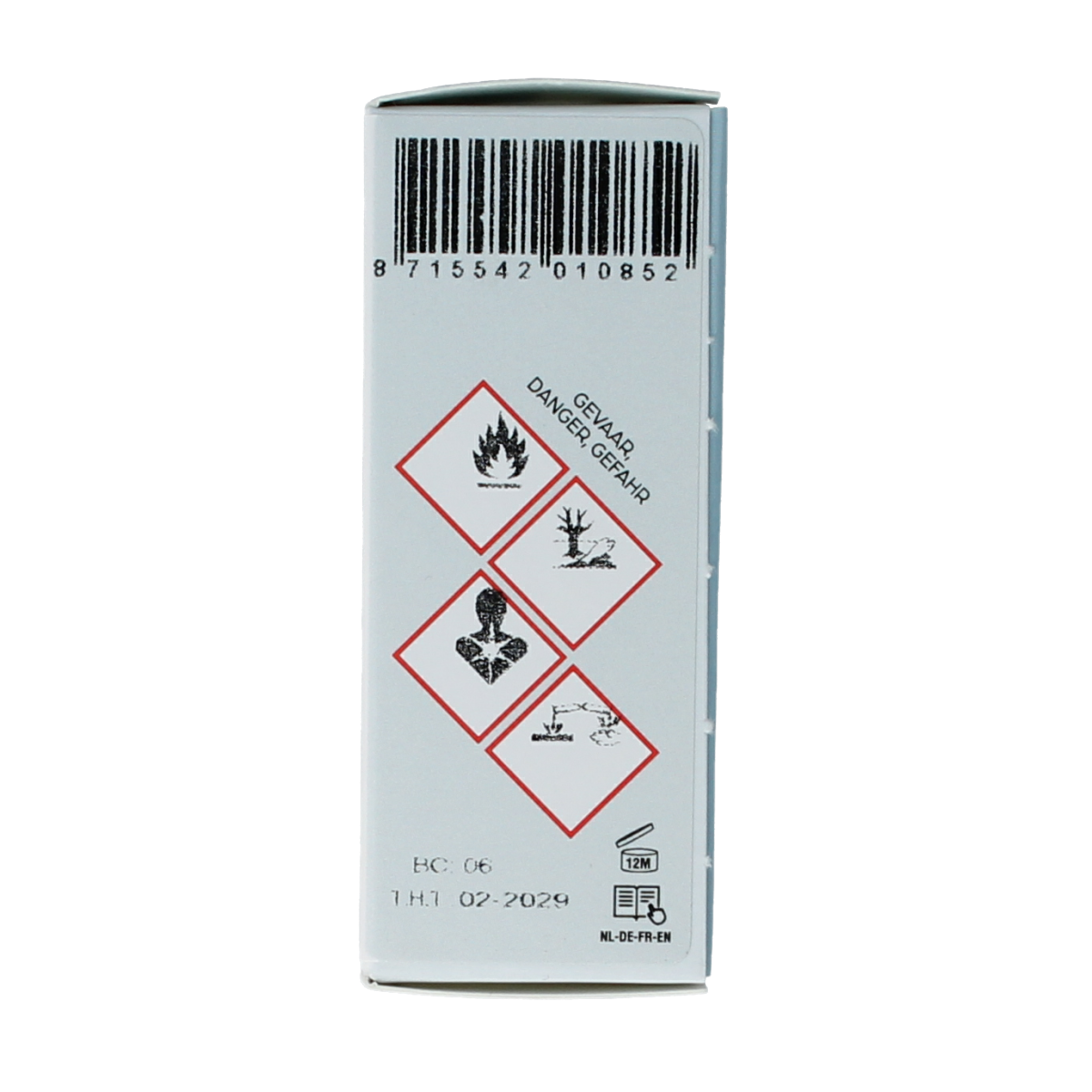 Volatile Zonnestraal 10ml bottle of essential oil, clear glass container with label, isolated on white background.