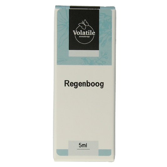 Volatile Regenboog essential oil bottle, 5ml, colorful rainbow label, natural aromatic etherische oliën product.