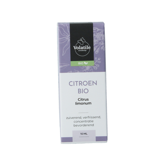Volatile Citroen essential oil in a 10ml bottle, featuring a clear glass container with a yellow citrus scent label.