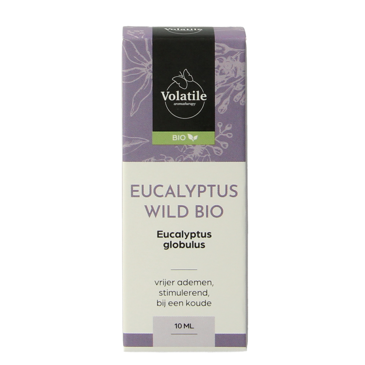 Volatile Eucalyptus bio essential oil bottle, 10ml, with eucalyptus leaves in the background.