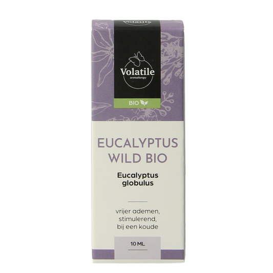 Volatile Eucalyptus bio essential oil bottle, 10ml, with eucalyptus leaves in the background.