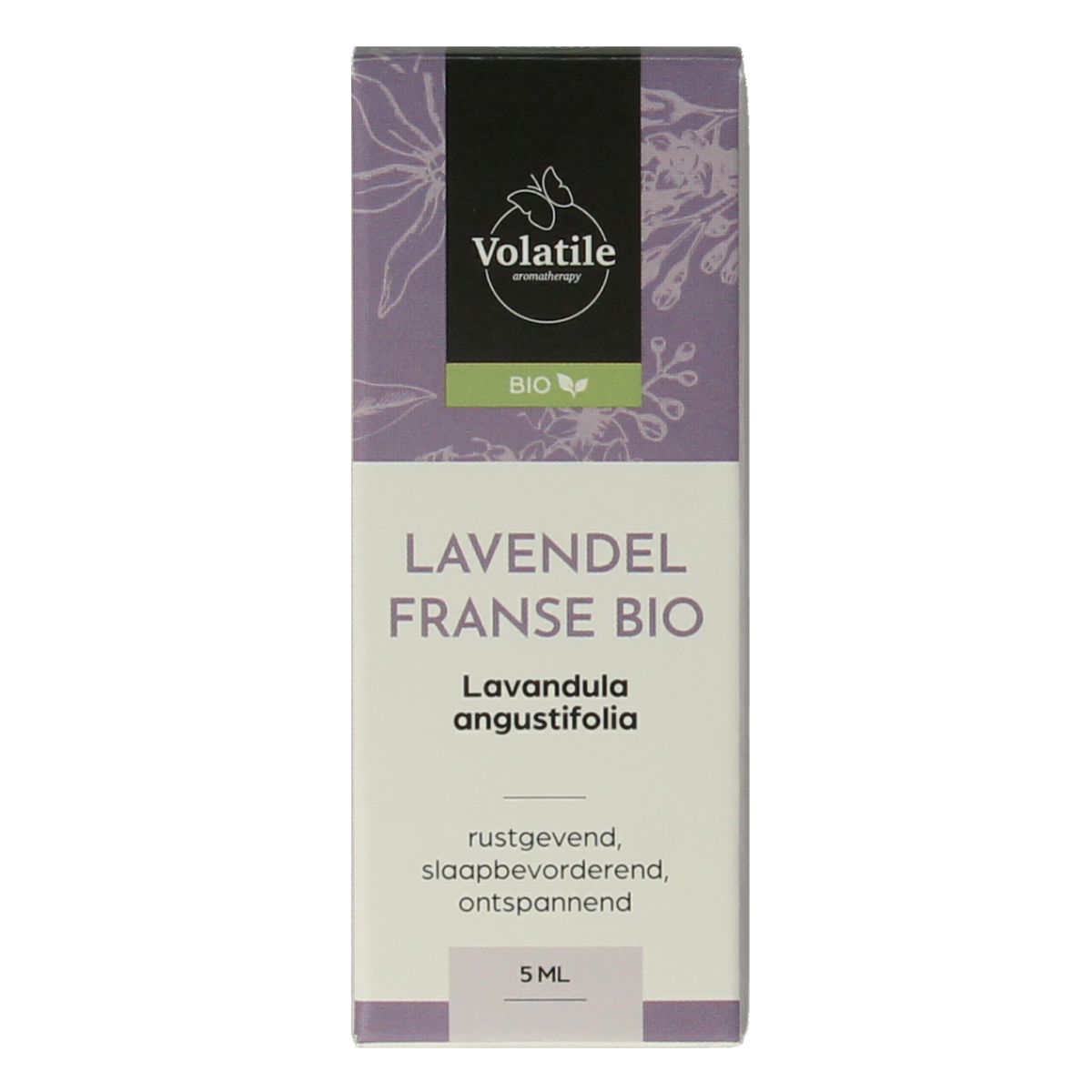 Volatile Lavendel bio essential oil in a 5ml bottle, featuring a clear glass container with lavender-colored liquid.
