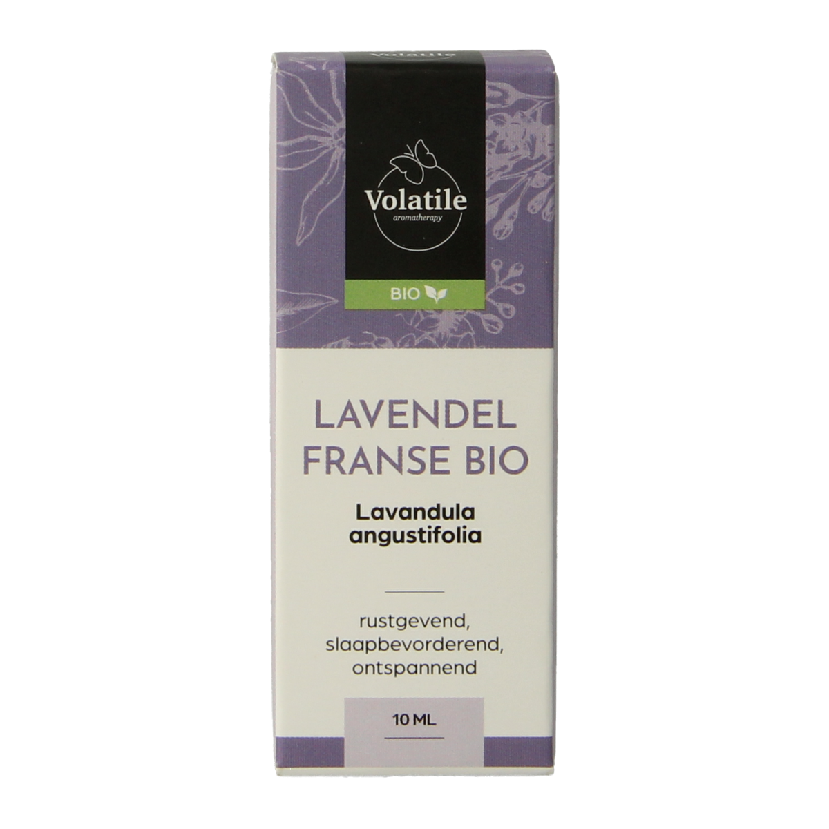 Volatile Lavendel bio essential oil bottle, 10ml, with lavender flowers and packaging, natural aromatherapy product.