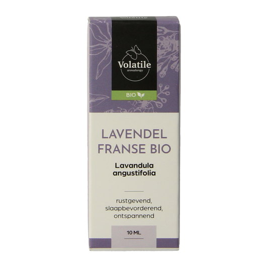 Volatile Lavendel bio essential oil bottle, 10ml, with lavender flowers and packaging, natural aromatherapy product.