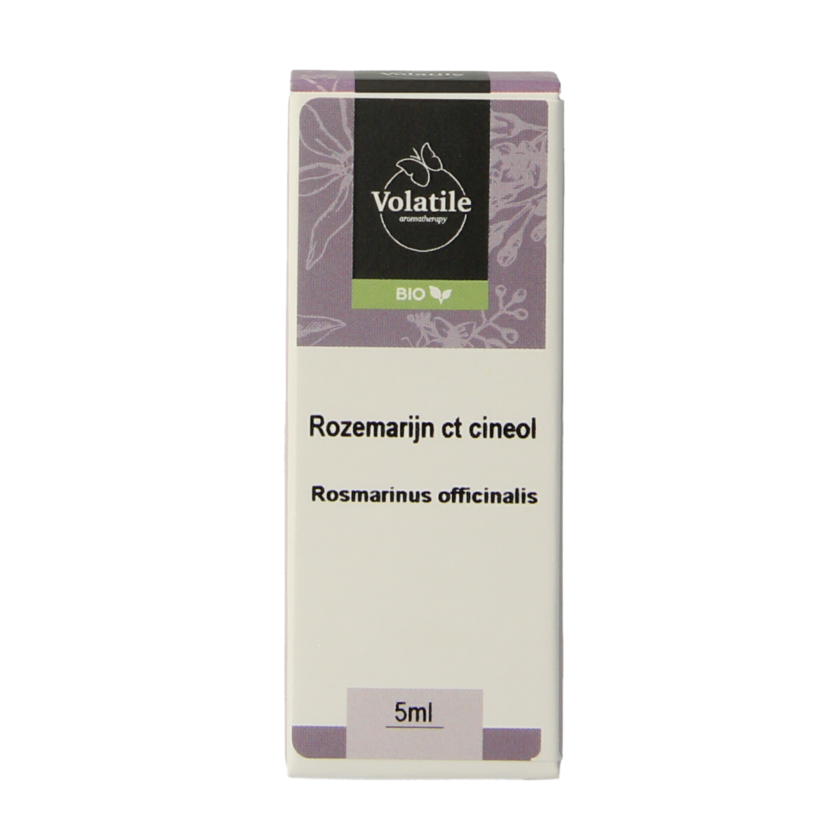 Volatile Rozemarijn bio essential oil bottle, 5ml, with a clear label and amber glass container for aromatherapy use.