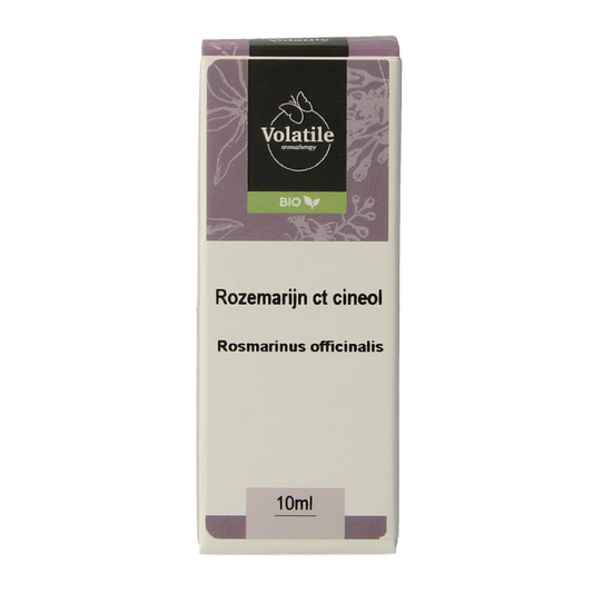 Volatile Rozemarijn ct cineol bio essential oil bottle, 10ml, showcasing the product label and packaging.