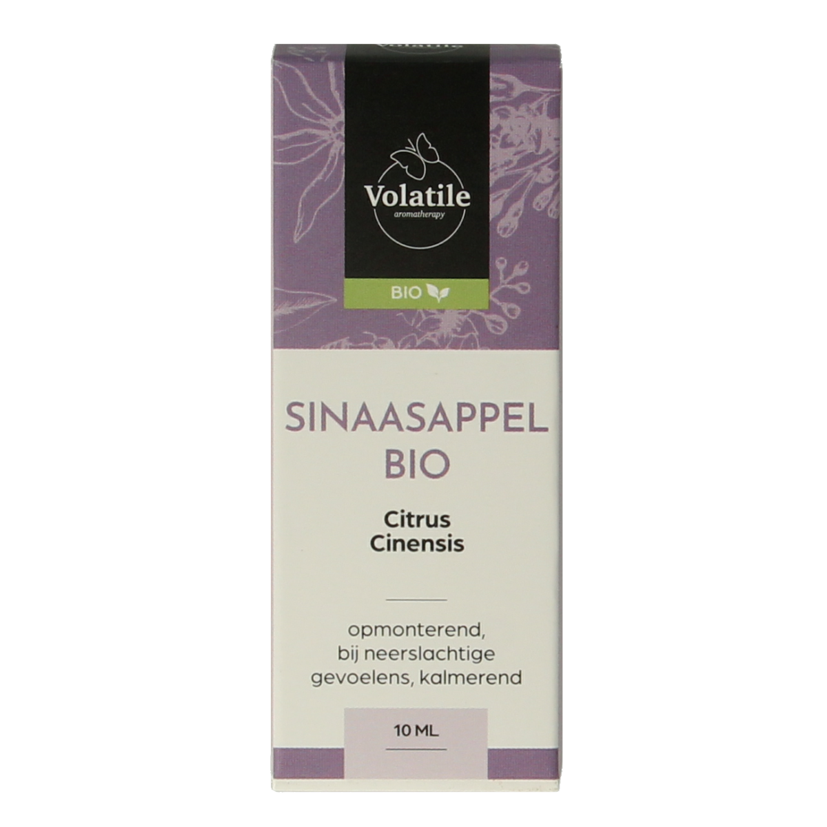 Volatile Sinaasappel bio essential oil bottle, 10ml, with orange citrus fruit and oil droplets on the label