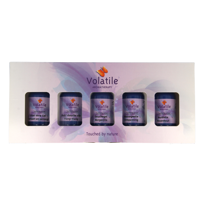 Set of five 30ml Volatile body care gift packs, featuring assorted skincare and wellness products.
