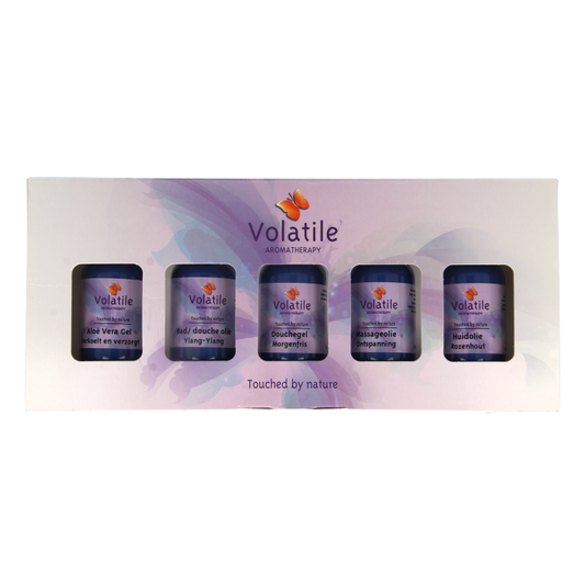 Set of five 30ml Volatile body care gift packs, featuring assorted skincare and wellness products.