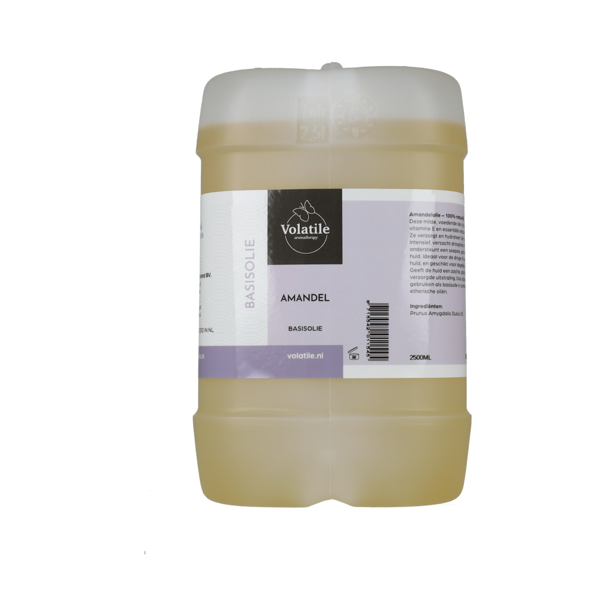 Volatile Amandel basis 2500ml, a natural body care product featuring almond oil in a large bottle for skincare.