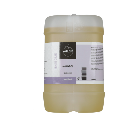 Volatile Amandel basis 2500ml, a natural body care product featuring almond oil in a large bottle for skincare.
