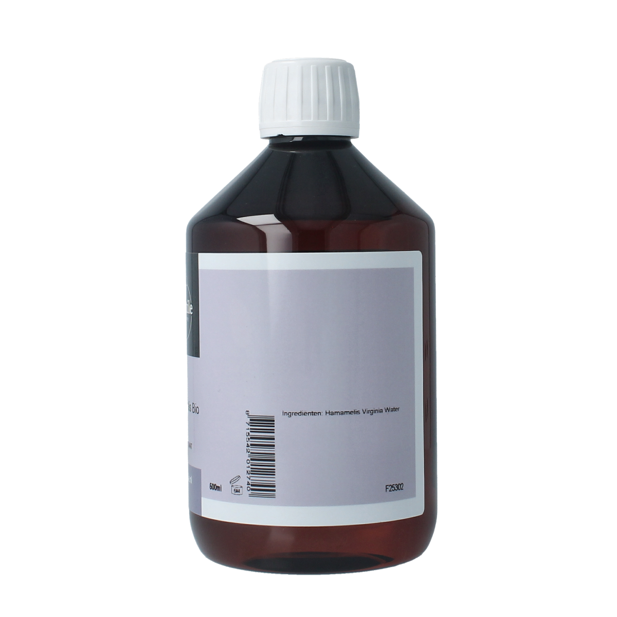 Volatile Hamamelis hydrolaat 500ml bottle, natural body care product, clear liquid in a transparent bottle with label.
