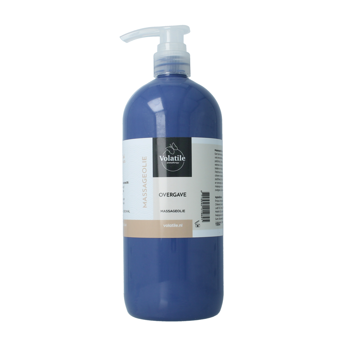 Volatile massage oil overgave 1 liter bottle, natural body care product with a clear plastic container and label.